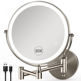 GREENFROM 8.5 Inch Magnifying Mirror with Lights, Wall Mounted Makeup Mirror, Dual-Sided 1X/20X, Bright LED Lighting, Space-Saving Design for Bathroom & Vanity, Brushed Nickel