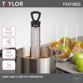 Taylor Stainless Steel Candy Deep Fry Food Cooking Kitchen Analog Paddle Thermometer, Frying Thermometer for Candy, Maple Syrup, Sugar, Brewing, Includes Pan Clip, 12 Inches