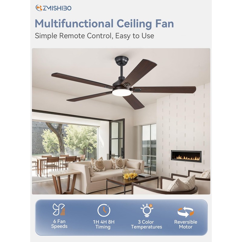 ZMISHIBO 60" Ceiling Fans with Lights, Black Modern Ceiling Fan