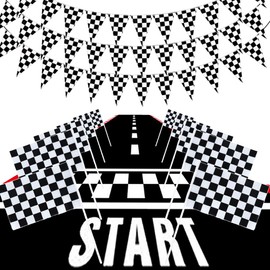 Racing Party Decoration Supplies Black and White Flags 32.8 Feet 10 Pcs Checkered Racing Small Flags on Stick 6.6 x 1.96ft Long Racetrack Floor Running Mat Checkered Bunting Party Decoration