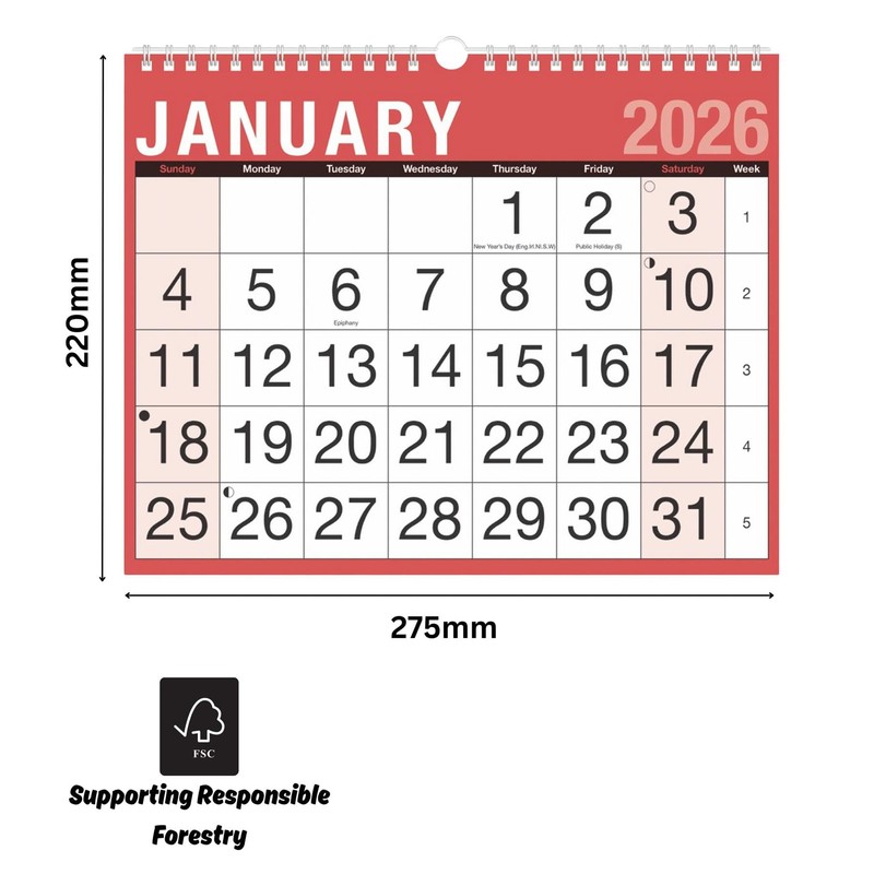 2026 Wall Calendar Easy View Month to View Red -