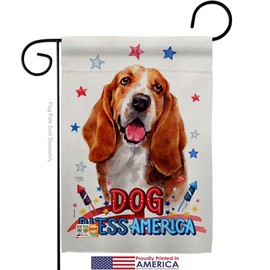 Breeze Decor Patriotic Basset Hound Garden Flag Set with Stand Animals Dog Puppy Spoiled Paw Canine Fur Pet Nature Farm Animal Creature Small Decorative Gift Yard House Banner Made in USA 13 X 18.5