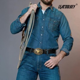 LEACOOLKEY Western Cowboy Leather Belt for Men Longhorn Bull Buckle Belt 1.5" Wide Floral Engraved Embossed Leather Belt