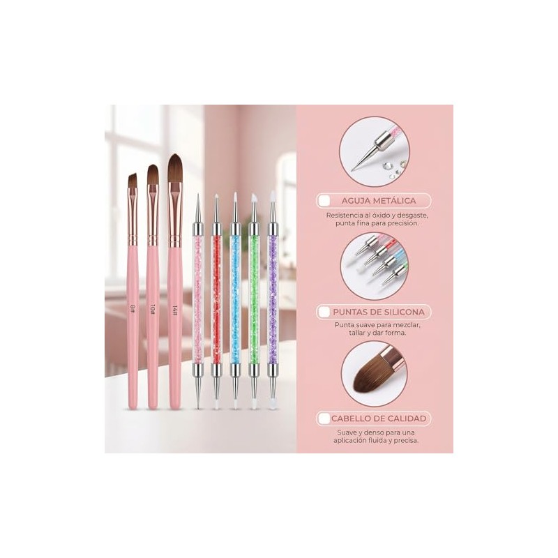 Nail Polish Brush Rosa 8 Piezas Pinceles Uas, Silicona Gel