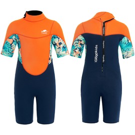Gogokids Kids Shorty Wetsuit, 2.5mm SCR Neoprene Wetsuits for Toddlers, Back Zipper Children's Short Wet Suits Comfort & Warmth, UV Wetsuit for Swimming, Snorkelling & Surfing, Ages 5-6 Boys, Orange