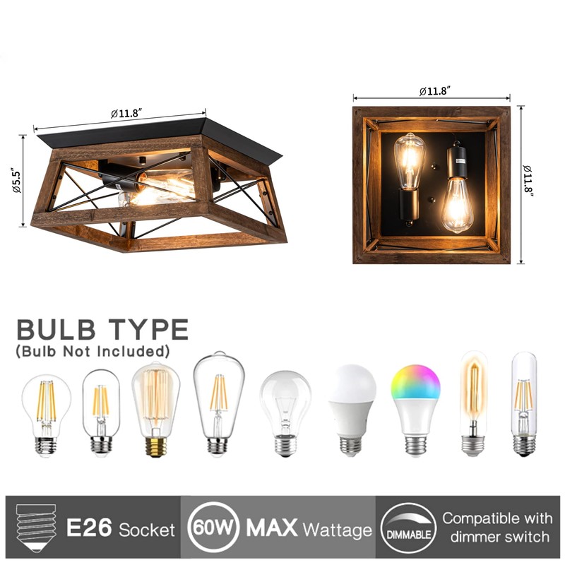 Rpzloila Farmhouse Ceiling Light, 2-Light Flush Mount Light Fixture with