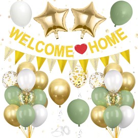 Welcome Home Decoration, Welcome Home Garland, Balloons Green Gold Confetti, Welcome Home Banner Bunting, for Baby Shower, Family Celebrations, Housewarming Party Decoration