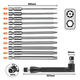 ToKinCen 11 PCS 100mm Torx Screwdriver Bits, T6-T40 S2 Steel 1/4 Inch Long Magnetic Torx Security Star Hex Screwdriver Bits Set for Electric Manual Screwdrivers + Angle Screwdriver Bit Holder