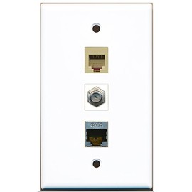 RiteAV - 1 Port Coax Cable TV- F-Type and 1 Port Phone RJ11 RJ12 Beige and 1 Port Shielded Cat6 Ethernet Wall Plate