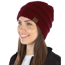 Funky Junque Exclusives Womens Beanie Solid Ribbed Knit Hat Warm Soft Skull Cap, Burgundy, One Size