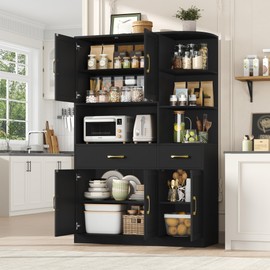 BOTLOG 67" Kitchen Pantry Cabinet, Modern Kitchen Hutch with 5 Doors and 2 Drawers, 3-Tier External Shelf, Large Pantry Storage Cabinet with Microwave Stand for Dining Room, Black