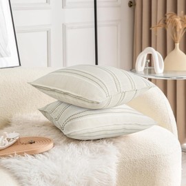 20X20 Decorative Farmhouse Linen Throw Pillow Covers, Boho Textured Pillow Case Set of 2 ,Beige with White & Gray Stitch Yarn Dyed Stripe Cushion Cover ,Modern Accent Square Pillowcase for Sofa Couch