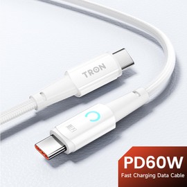 TRON USB C-C Charger Braided Cable,60W,6 Feet, LED Light, High-Speed 480Mbps Data Transfer (White)