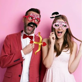 Valentine's Day Photo Booth Props Mustache on Stick Heart Angel with Sticks for Valentine's Day Wedding Bridal Engagement Anniversary Party Selfie Supplies
