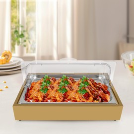 Ice Food Serving Display Tray Stainless Steel Buffet Dishes Display Plate Case with Clear Lid Countertop Food Serving Container for Seafood Fruit Salad (Gold, 22.72x14.84x11.02in)
