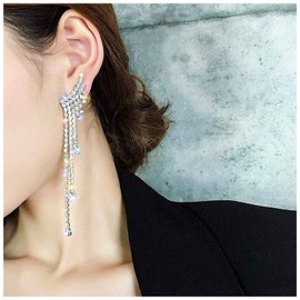 Yheakne Rhinestone Tassel Chain Earrings Long Silver Crystal Earrings CZ Dangle Chain Earrings Tassel Rhinestone Fringe Earrings Jewellery for Women and Girls Gifts