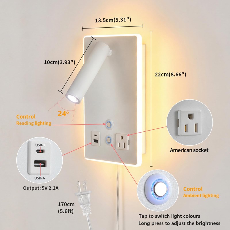 CNMYKYDS Dimmable Plug in Wall Sconce with Touch Switch,Headboard Bedside