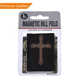 Leatherboss Genuine Leather Men Cross Print Strong Magnetic Money Clip, Black