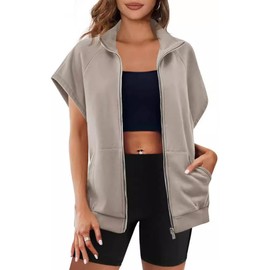 ROMRUM Women's Zip Up Sweatshirts Short Sleeve Lapel Oversized Summer Casual Loose Solid Sweatshirt Jacket with Pockets(Large, Khaki)