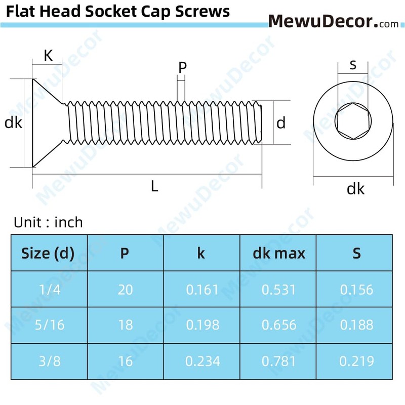 MewuDecor 1/4-20 x 1-1/4" Flat Head Socket Cap Screws Countersunk