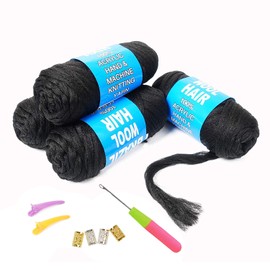 Youngther 100% Brazilian Wool Hair Acrylic Yarn for African Braids/Senegalese Twist/Faux Locs/Wraps with Crochet Hook(4 Roll, Natural Black)