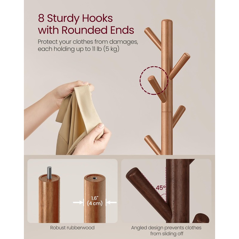 VASAGLE Solid Wood Coat Rack, Free Standing Hall Coat Tree