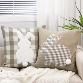 CroBlissful 2 Pack Bunny Pillow Covers Easter Rabbit Throw Pillowcase 18 x 18 Neutral Decorative Embroidery Cushion Case for Sofa Bed Rustic Farmhouse Boho Home Decor(Light Khaki Plaid)