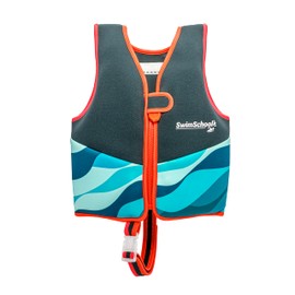 New SWIMSCHOOL Neoprene Premium Swim Trainer Vest – Medium/Large Up to 50 Lbs. – Easy On & Off Kids Swim Vest and Adjustable Safety Strap – Blue/Black/Green Wave