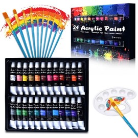 Kit de Pintura Acrílica Profesionales, RTTFHER Pintura Oleo 24 Colores×12ml con 10 Pinceles y 1 Paleta, Juego de Pintura Acrilica de Arte para Papel, Lienzo, Roca, Madera, Cerámica