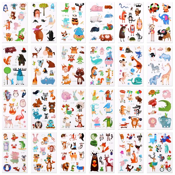 KUUQA Temporary Tattoos for Toddlers Cartoon Animal for Boys and Girls, 200+ Animal Designs, for Unicorn Party Supplies and Birthday Gift (24 Sheets)