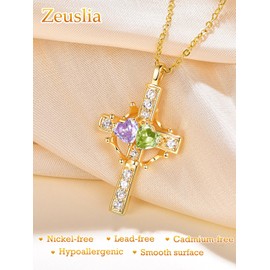 Birthstone Cross Necklace with Crown Sterling Silver Alexandrite Peridot Jewelry June August Birthstone Pendant Cross and Crown Necklace for Women Anniversary Birthday Jewelry Gifts for Women