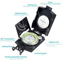 BIJIA Professional Multifunctional Compass, All Metal Military Waterproof High Accuracy Compass with Inclinometer and Bubble Level for Hiking, Climbing, Boating, Exploring, Hunting, Geology…