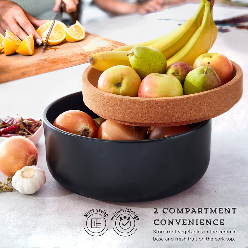Kamenstein Ceramic and Cork Large Breathable Produce Bowl with Lid