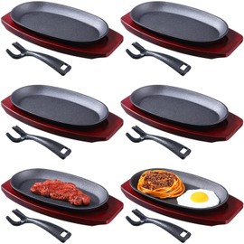 Mifoci 6 Pieces Oval Cast Iron Fajita Skillet Pan Set Small Sizzling Steak Plate with Wooden Base and Handle Cast Iron Fajita Skillet Sizzling Plate for Home Restaurant Barbecue Wedding autumn Party
