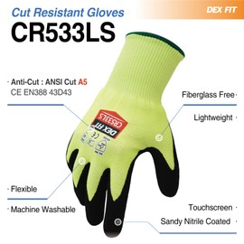 DEX FIT Soft A5 Cut Resistant Gloves CR533LS, No Itch, 3D Comfort Fit, Fiberglass Free, Firm Grip, Durable, Touch-Screen Compatible, Heavy Duty, Machine Washable, Fluo Green M (8) 1 Pair