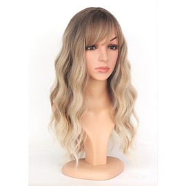 Ombre Rubio Sucio Ondulado Pelucas Con Bangs Para Mujer Medio Largo Rubio Ceniza Pelucas Sintético De Repuesto De Cabello Rubio Pelucas De Uso Diario 