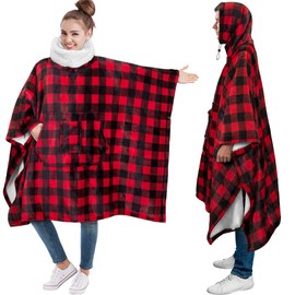 PAVILIA Wearable Blanket Poncho Women Men, Oversized Hoodie Sweatshirt Poncho Blanket, Hooded Sweater Wrap Cape Neck Warmer, Fleece Soft Hug Sleep Pod Adult, Cozy Warm Gift Ideas Sister, Checker Red