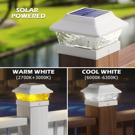 SIEDiNLAR Solar Post Cap Lights 2 Modes Metal 4x4 Fence Deck Post Light Waterproof Outdoor for 3.5x3.5 4x4 Wooden Vinyl Posts Patio Garden Decor, Warm/Cool White (6 Pack, White)