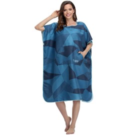 FLYILY Changing Towel Poncho Hooded light weight Microfiber surf wetsuit changing with pocket, Adults/Kids beach swimming changing towel (NavyGeometry, Large(Fit for Adult))