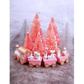 Mini Christmas Decoration Set Pink Wooden Christmas Train and 8 Pieces Small Artificial Christmas Trees Christmas Decoration for Table Ornaments Shop Window Decoration or Christmas Gifts etc.