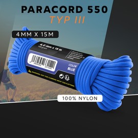 GO!elements 15 m Paracord Rope Made of Tear-Resistant Nylon Cord – 4 mm Paracord 550 Type III Cord – Suitable as All-Purpose Rope & Cord – Max. 250 kg, Colour: Blue