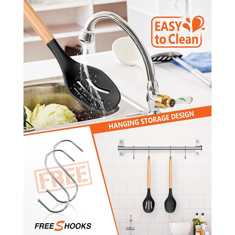 Large Silicone Cooking Spoons, 2 Pack Nonstick Solid and Slotted