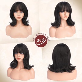 FESHFEN Shoulder Length Bob Wigs with Bangs for Women - Dark Brown Natural Layered Wavy Synthetic Wig For Daily Party Costume Use 14 Inch