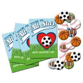 BUTTON DELI Valentine's Day Cards with Sports Buttons - 25 Pack Classroom Valentines for Sports Lovers - Assorted Football Basketball Soccer Baseball Pins - Design 647