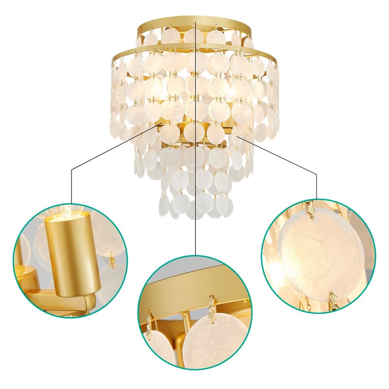 GlowEasely Modern Capiz Shell Chandelier Ceiling Light, Costal Design Close
