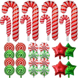 28Pcs Christmas Foil Balloons, Large Candy Cane Mylar Balloons with Ribbons, Red Green Balloons for Christmas Birthday and Candies Theme Decorations