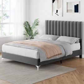GAOMON Queen Size Bed Frame with Headboard, Velvet Upholstered Platform Bed Frame with Adjustable Headboard and Wooden Slats Support, No Box Spring Needed, Easy Assembly, Dark Grey (Queen, Grey)
