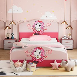 HONEY JOY Kids Twin Bed Frame with Headboard, Toddler Upholstered Platform Bed with Slatted Bed Base, No Box Spring Needed, Princess Wooden Single Bed for Baby Girls, Twin Size in Pink