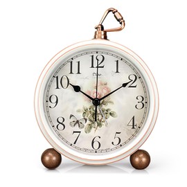 JUSTUP Retro Table Clock, American Countryside Vintage Nostalgic Alarm, Creative Silent Desk Clock Ornament, Desk & Shelf Decor Desktop Clock for Home Bedroom Bedside (White)