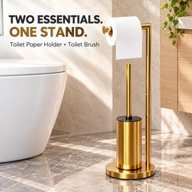 Freestanding Toilet Paper Holder with Toilet Brush and Holder, Metal Bathroom Floor Stand, Gold and Black Finish